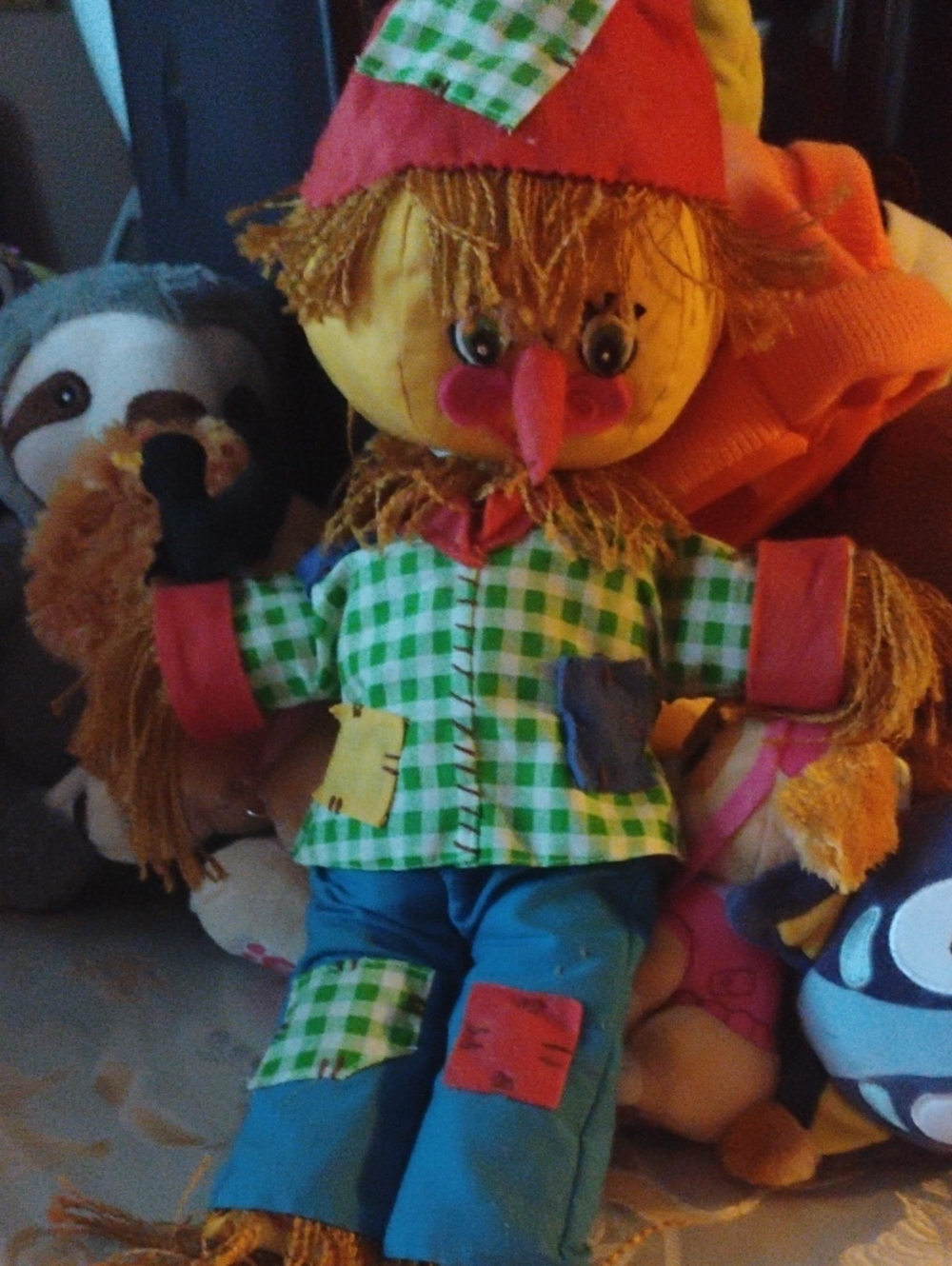 Vintage Colorful Green Plaid Plush Scarecrow